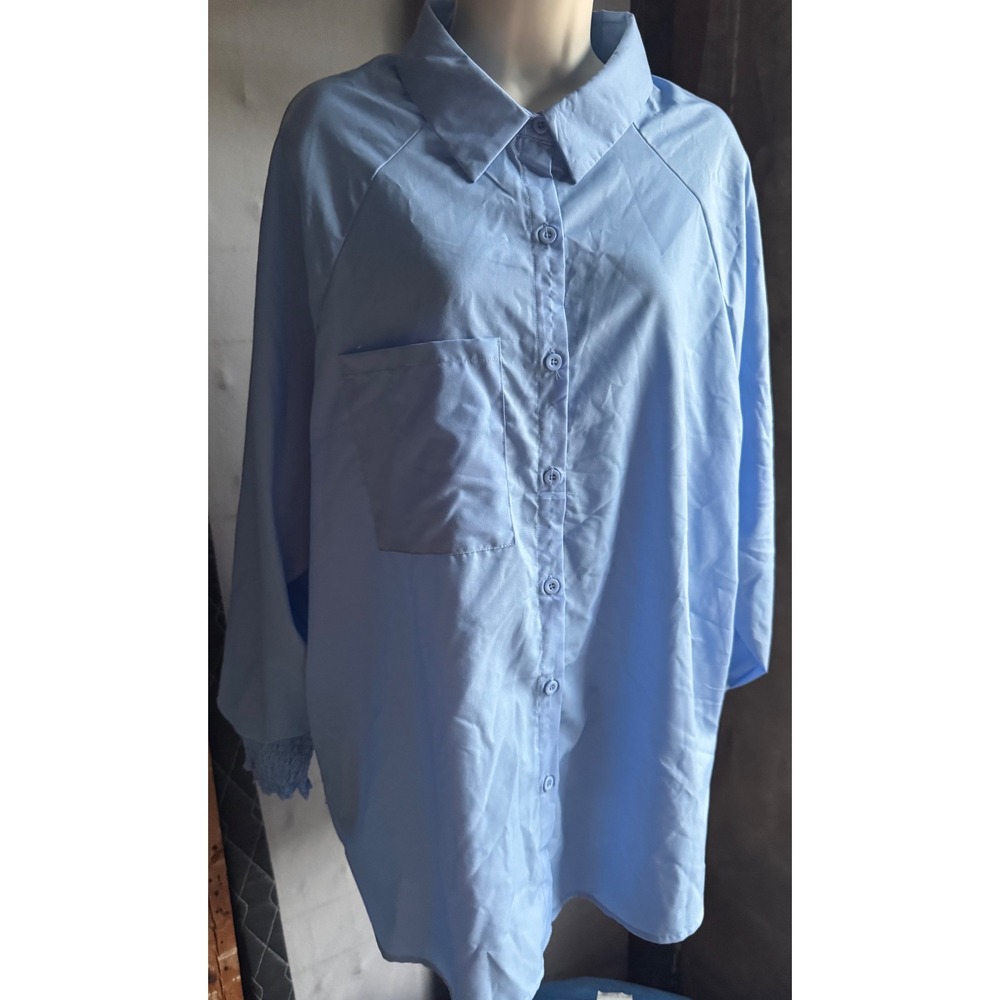 Lemafer Blue Button Down Shirt Raglan Sleeve Smocked Cuff Top 2XL NEW